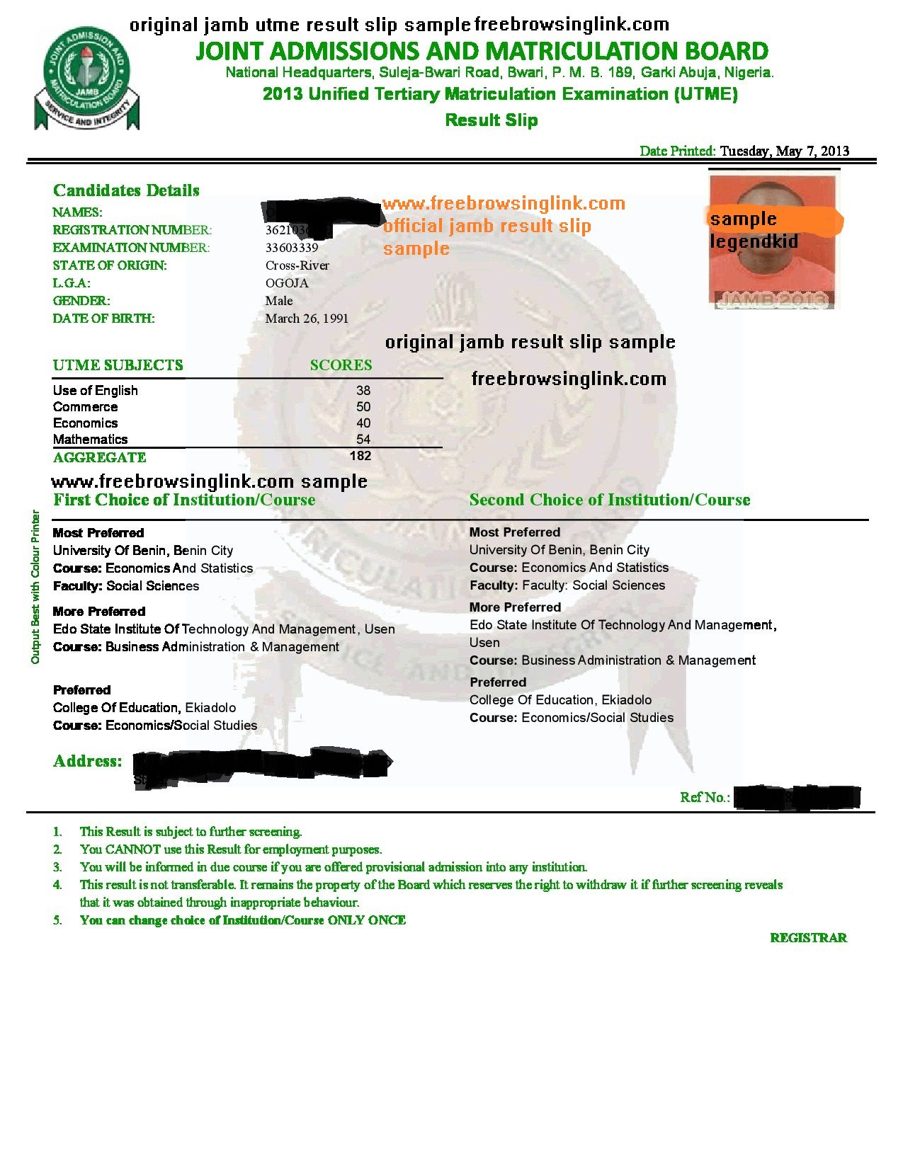 JAMB Original Result Slip 2026/202